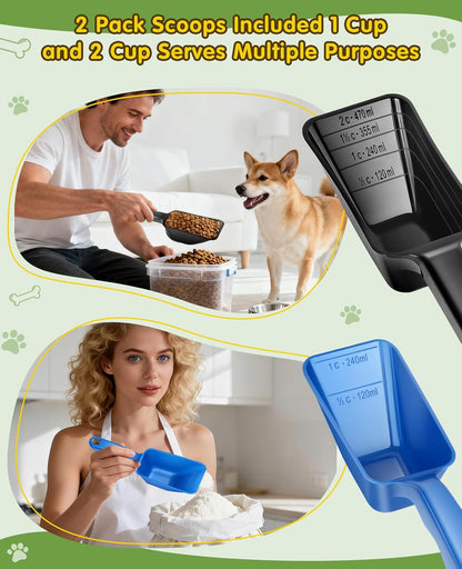 2 Pack Dog Food Scoop with 1 Cup and 2 Cup Capacity, Plastic Pet Food Measuring Scoops with Clear Measurement Lines for Dogs, Cats & More,Dishwasher safe (Green and Black)