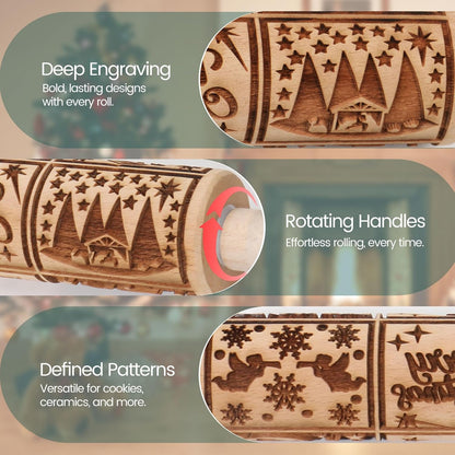Floral Vine Embossed Rolling Pins for Cookies, Wooden Engraved Rolling Pins for Baking, Embossing Rolling Pins with Designs, Patterned Rolling Pin Decorative Springerle Mold Stamp Clay Pattern Roller