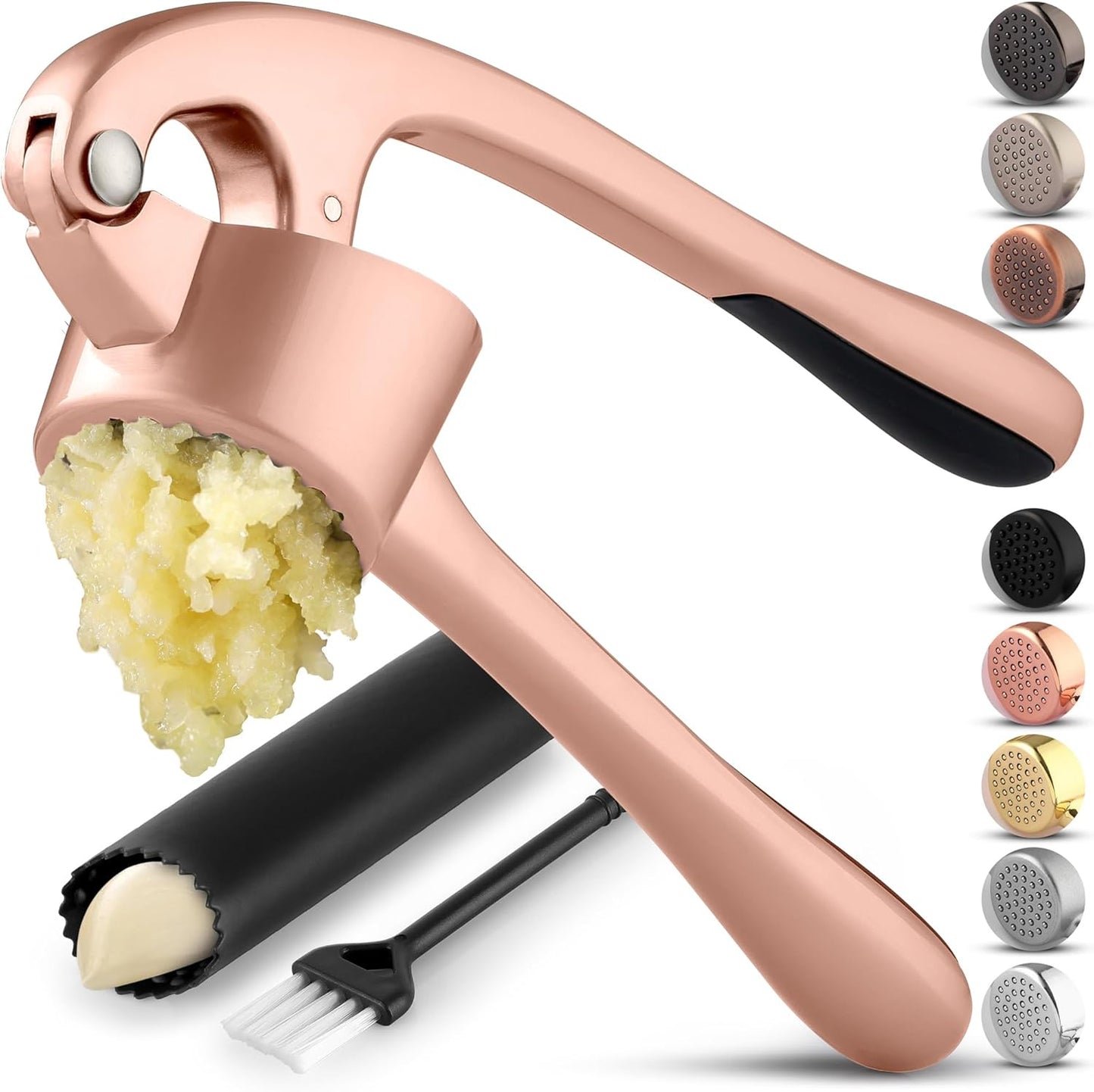 Zulay Kitchen Premium Garlic Press Set - Rust Proof Professional Garlic Mincer Tool - Easy-Squeeze, Easy-Clean with Soft, Ergonomic Handle - Silicone Garlic Peeler & Brush (Silver)