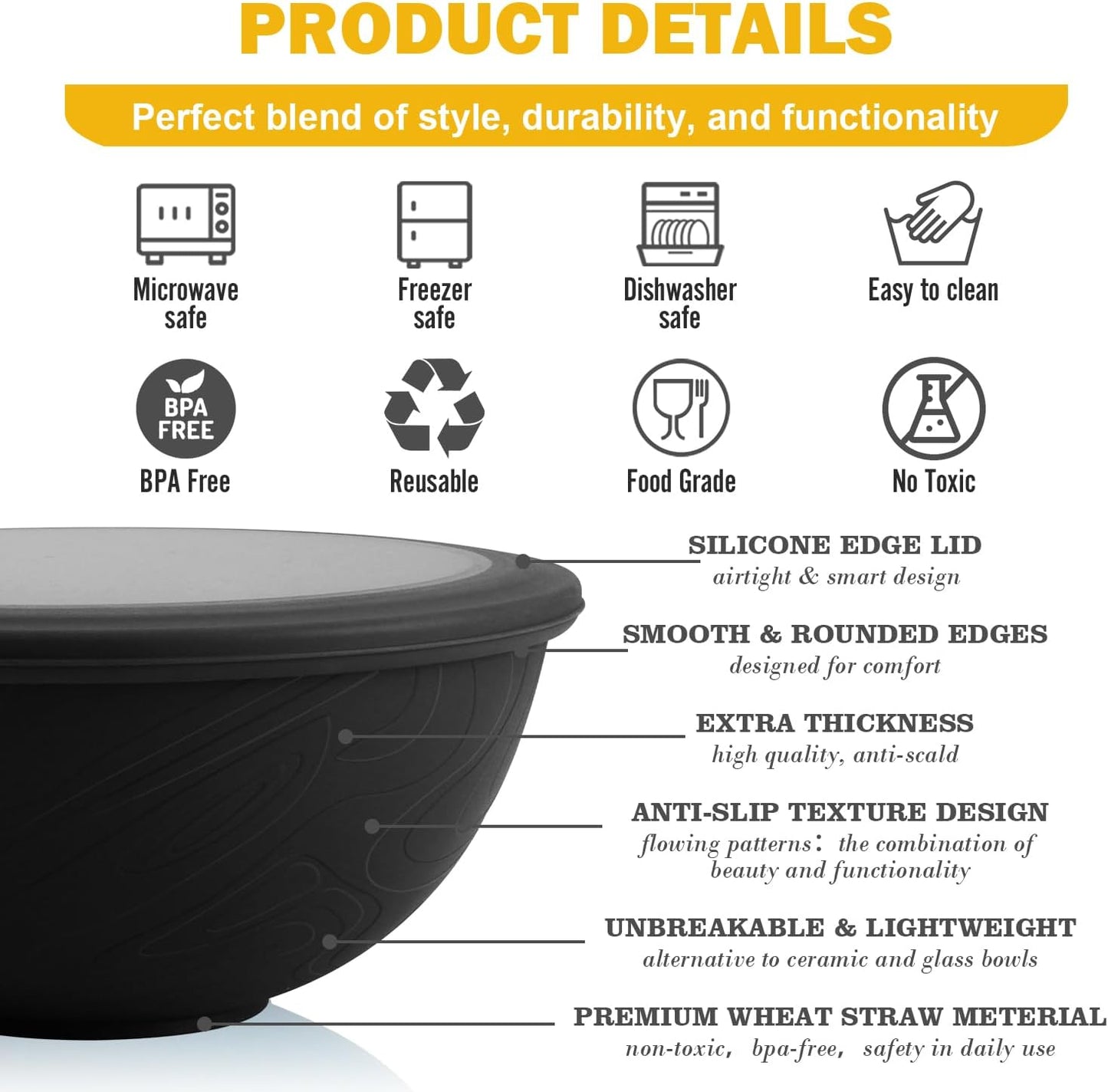 Wheat Straw Bowls Set with Lids, Unbreakable 40 OZ Cereal Bowls Set of 4, Salad Container for Lunch, Microwave & Dishwasher Safe Bowl Set for Kitchen, Picnic, RV, Camping, Multi