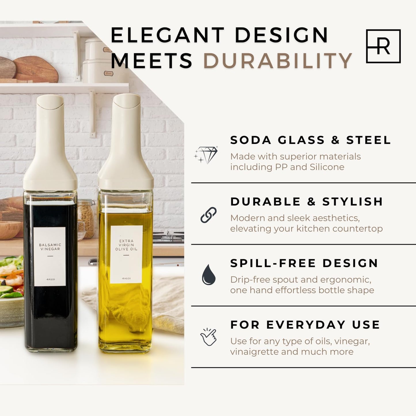 Oil Dispenser Bottle – Set of 2 17oz/500ml Oil and Vinegar Dispenser - Drip-Free Spout Glass Oil Dispenser – Kitchen Oil Dispenser with Automatic Pouring Lid - Olive Oil Bottle for Cooking