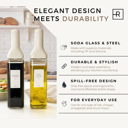 Oil Dispenser Bottle – Set of 2 17oz/500ml Oil and Vinegar Dispenser - Drip-Free Spout Glass Oil Dispenser – Kitchen Oil Dispenser with Automatic Pouring Lid - Olive Oil Bottle for Cooking