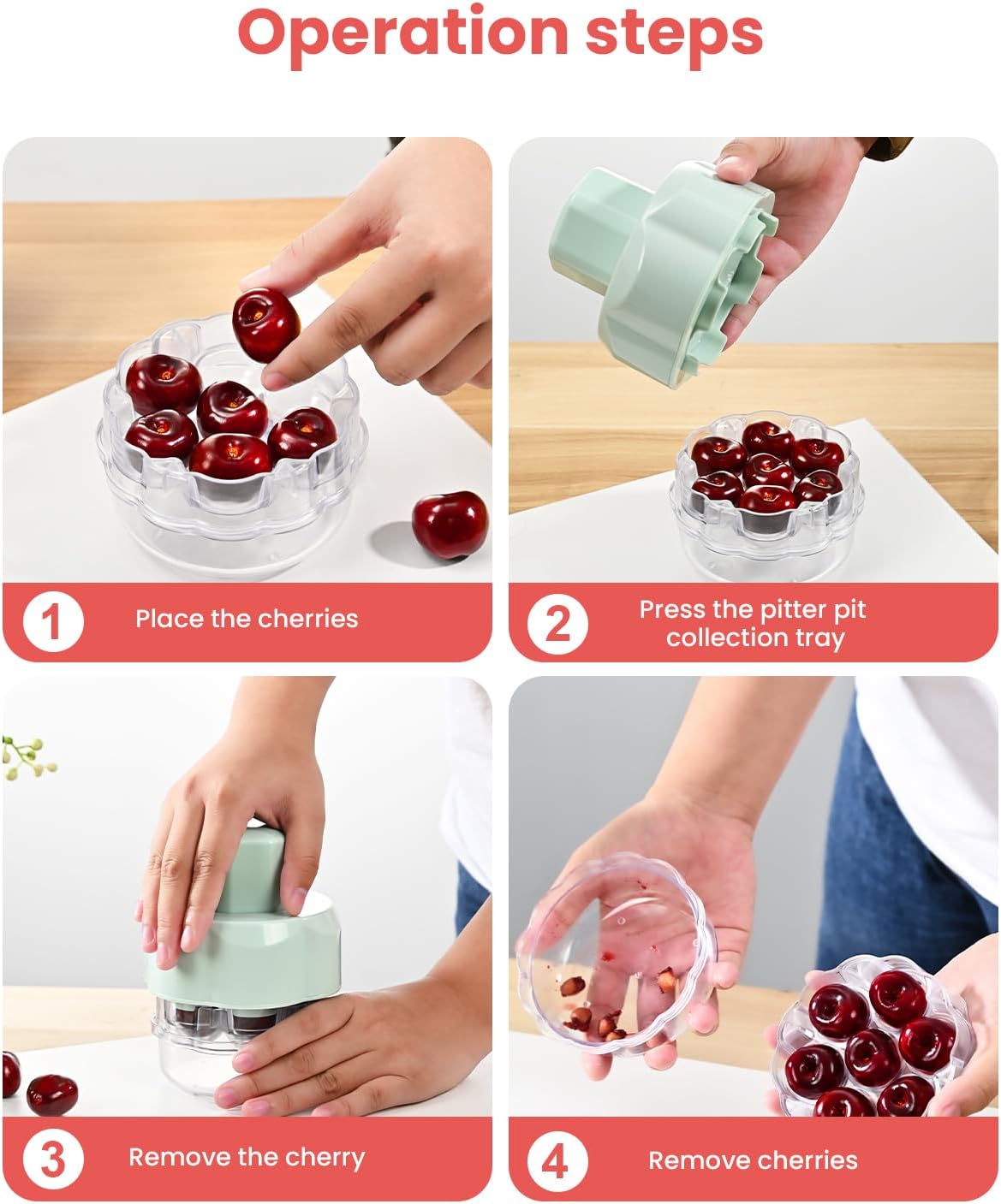 Cherry Pitter Tool, Multiple Fruit Seed Remover, 7-Cherry Capacity, Red and Clear