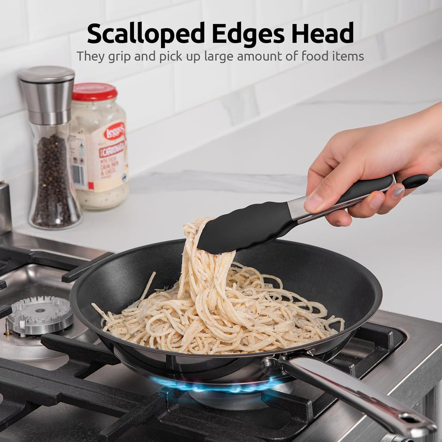 600ºF Heat Resistant Kitchen Tongs: U-Taste 9 inch Silicone Cooking Tong with Firm Sealed Non Stick Rubber Tips & Silicon Coated 18/8 Stainless Steel Handle & Smooth Locking for Serving Salad (Black)