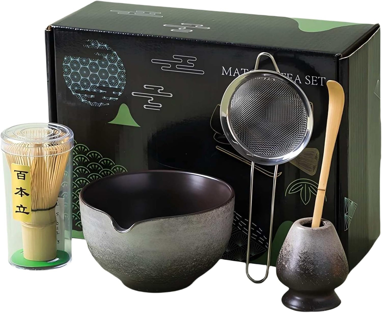 Matcha Whisk Set,Matcha Set Includes Ceramic Bowl with Spout,Stainless Sifter,Scoop,Whisk and Holder,Complete 5 Pcs Japanese Matcha Kit Making Tools,Green