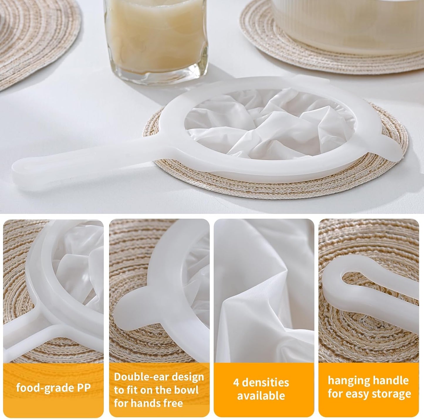 Premium Multi-Mesh Strainer Set, 4 Pack - 100/200/300/400 Mesh, Nylon & Plastic Fine Mesh Sieve for Tea, Coffe, Nut Milk, Juice, Broth, Smoothies, Reusable & Easy to Clean, Durable,Dishwarer Safe