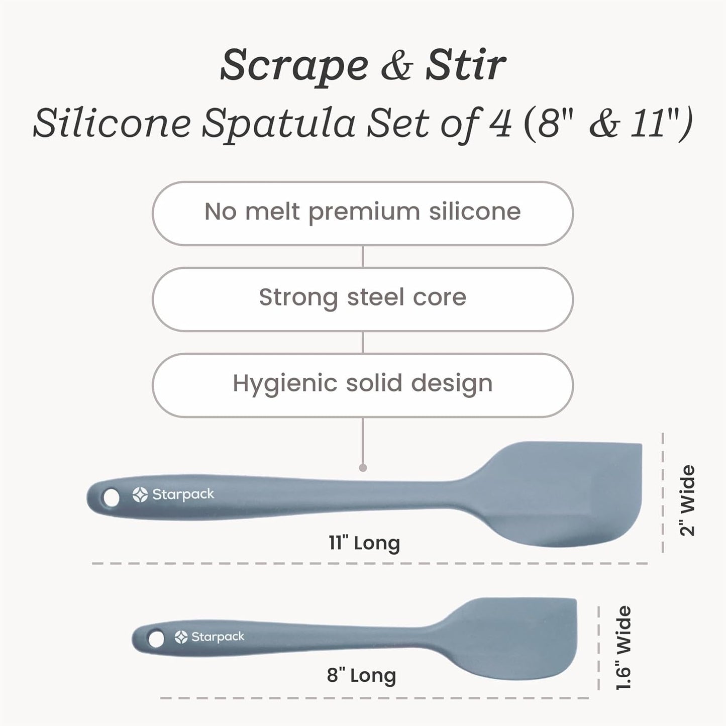 Starpack 'Scrape and Stir' Silicone Rubber Spatula Set (4-Piece) - LFGB Non Toxic, 600°F Heat Resistant, BPA-Free, One-Piece Kitchen Baking Spatulas - Dishwasher Safe for Nonstick Cookware Earthy Pink