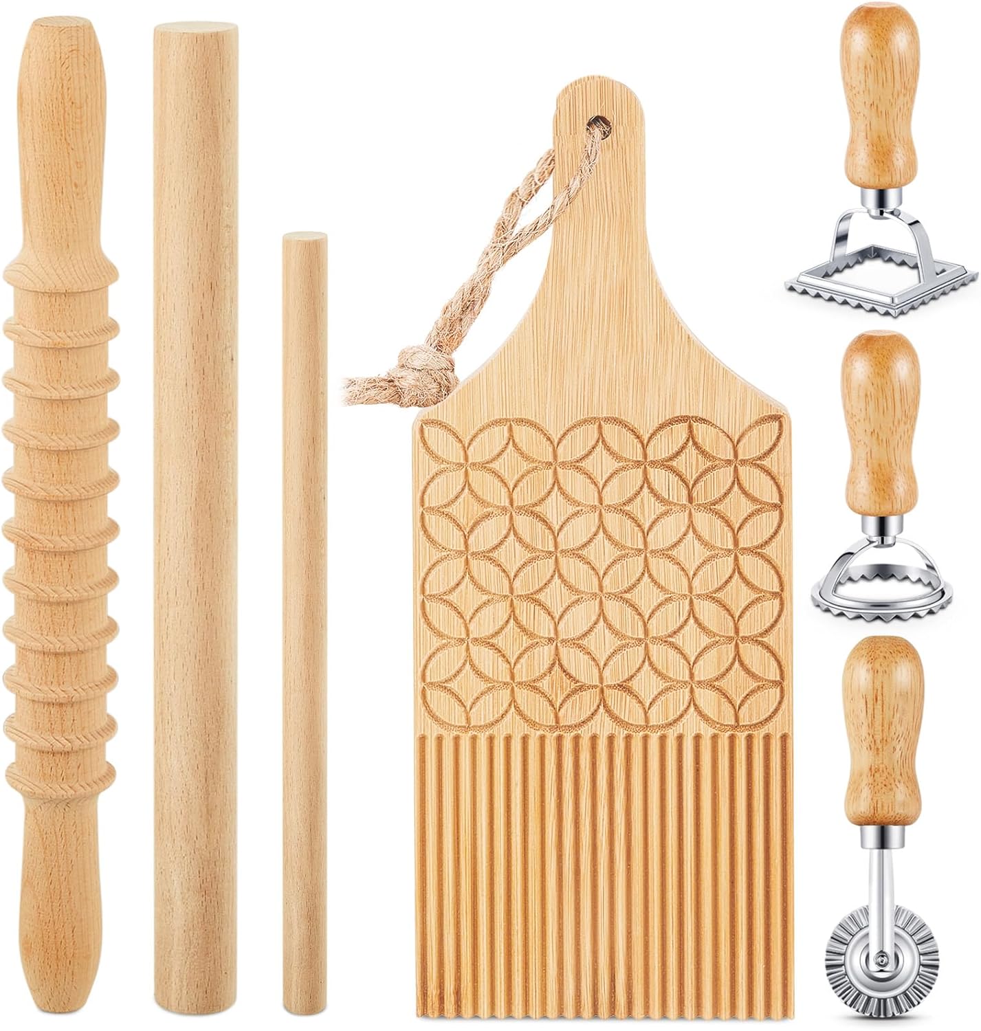 Tioncy 7 Pcs Pasta Making Tool Set Kitchen Gift, Wood Gnocchi Board with Ravioli Stamp Ravioli Maker Rolling Pin Gnocchi Garganelli Italian Pasta Tools for Beginners Home Cooks