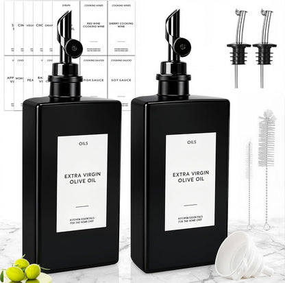 2PCS 16.9oz Olive Oil Dispenser Bottle For Kitchen, Soy Sauce Dispenser, Dark Glass Bottles for Oil and Vinegar Dispenser Set W.2 Replacement Spouts & Labels, Coffee Syrup Dispenser (Black)