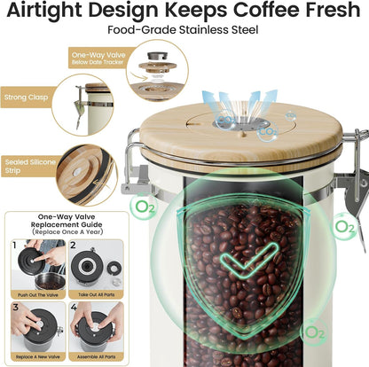 Veken Coffee Canister with Window,Airtight Stainless Steel Pantry Container,Home Kitchen Food Storage Organizers for Ground,Beans,Espresso,Rice,Tea,Sugar,Cereal, Decor,Bar Accessories,Gifts,22OZ,Black