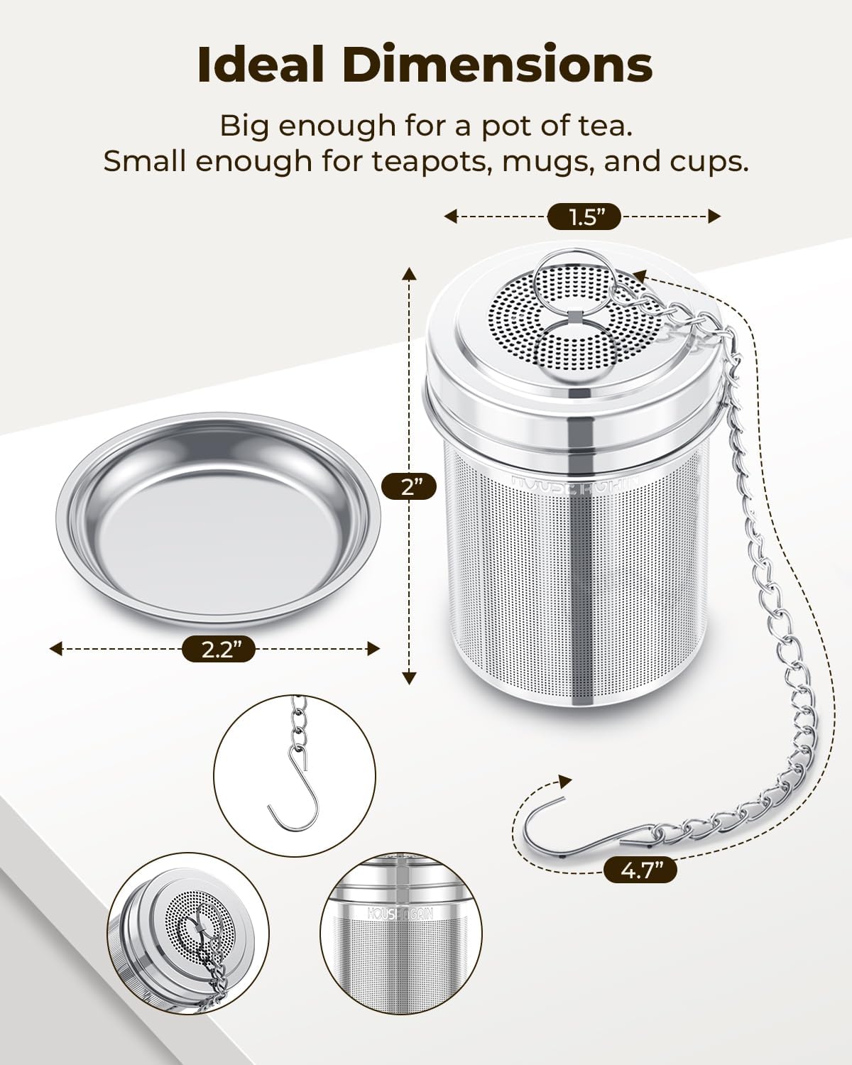 House Again Large Tea Infuser, Extra Fine Mesh Tea Strainers for Loose Tea, 18/8 Stainless Steel Tea Strainer with Extended Chain Hook, Tea Steeper for Brew Tea, Spices & Seasonings, for Multi Cups
