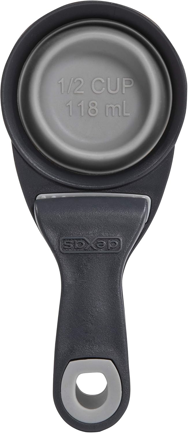 Dexas Popware for Pets Collapsible Klip Scoop, 3 in 1 Design Convenient Measuring Cup, Food Scooper and Bag Clip, 1Cup Capacity Pet Food Scoop, Versatile Food Measuring Cups Portion Control Gray/Blue