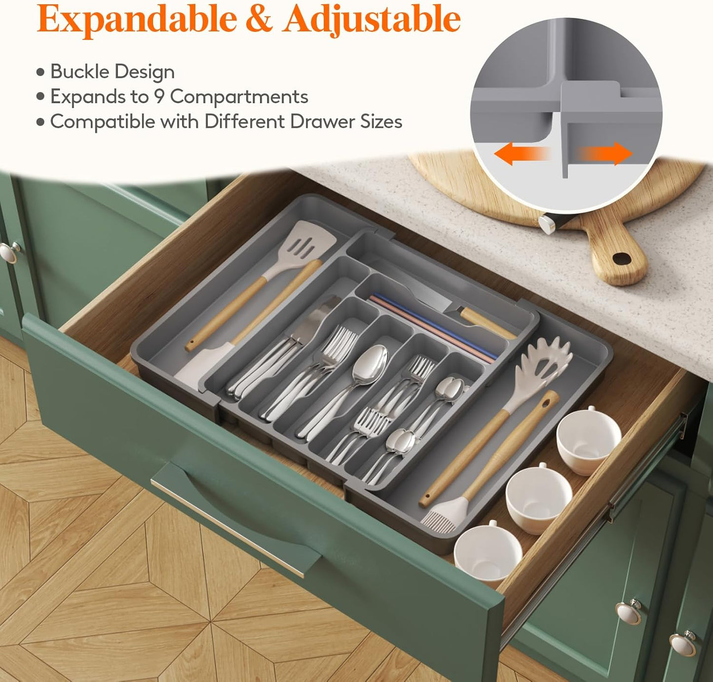 Lifewit Utensil Organizer for Kitchen Drawer, Expandable Cooking Silverware Tray, Adjustable Cutlery Flatware Holder, Plastic Spatula Tools Storage Divider, 14.4 x 15.8", Black