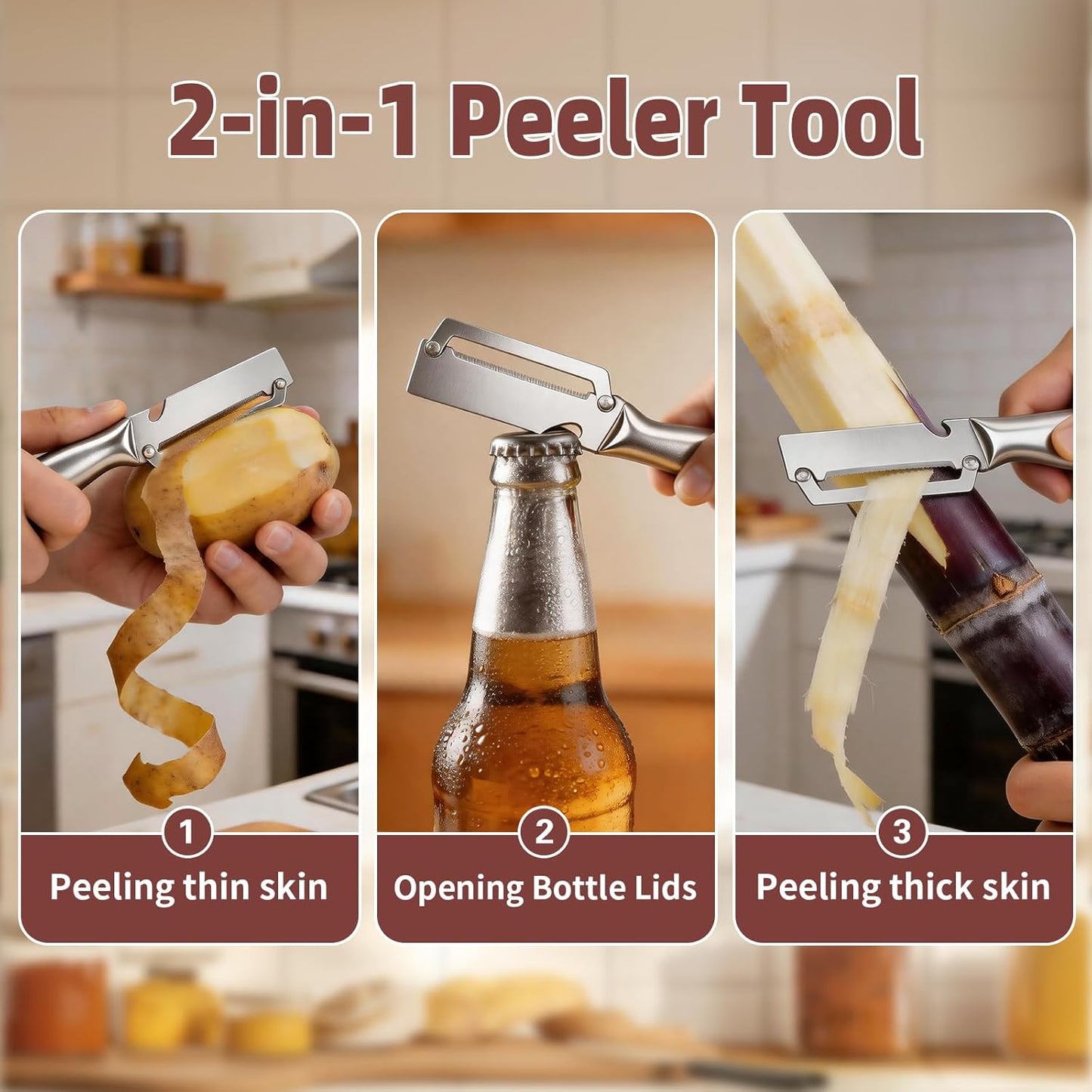 Multifunctional Vegetable Peeler, 3 in 1 Julienne Peeler with Wooden Handle, Vegetable Shredder with Bottle Opener Kitchen Tool for Peeling Veggie Fruit Pineapple Pumpkin Papaya Carrrot(2 Pack)