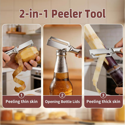 Multifunctional Vegetable Peeler, 3 in 1 Julienne Peeler with Wooden Handle, Vegetable Shredder with Bottle Opener Kitchen Tool for Peeling Veggie Fruit Pineapple Pumpkin Papaya Carrrot(2 Pack)