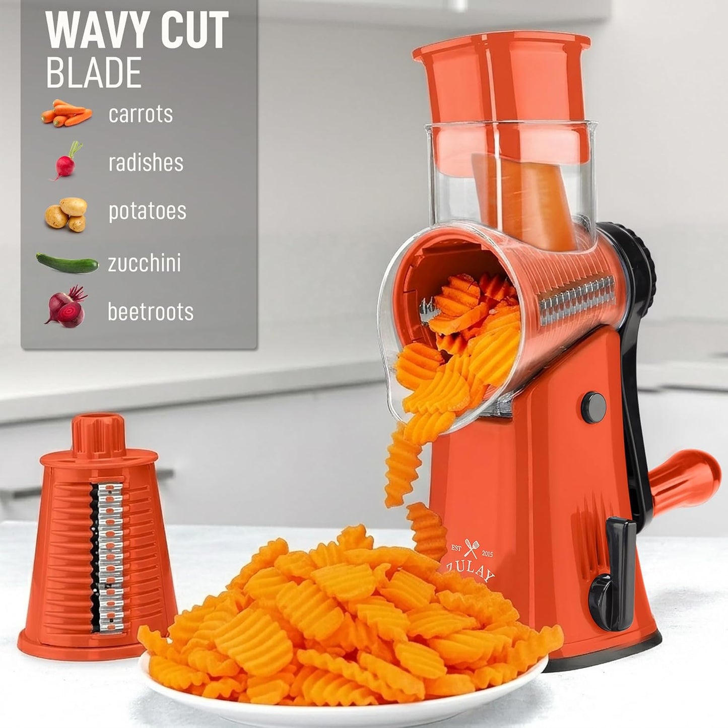 Zulay Kitchen Rotary Cheese Grater 5 Blade Cheese Shredder - Manual Hand Crank Cheese Grater With Reinforced Suction & 5 Interchangeable Drums - Easy to Use, Vegetable Chopper Round Mandoline Slicer - Colors A