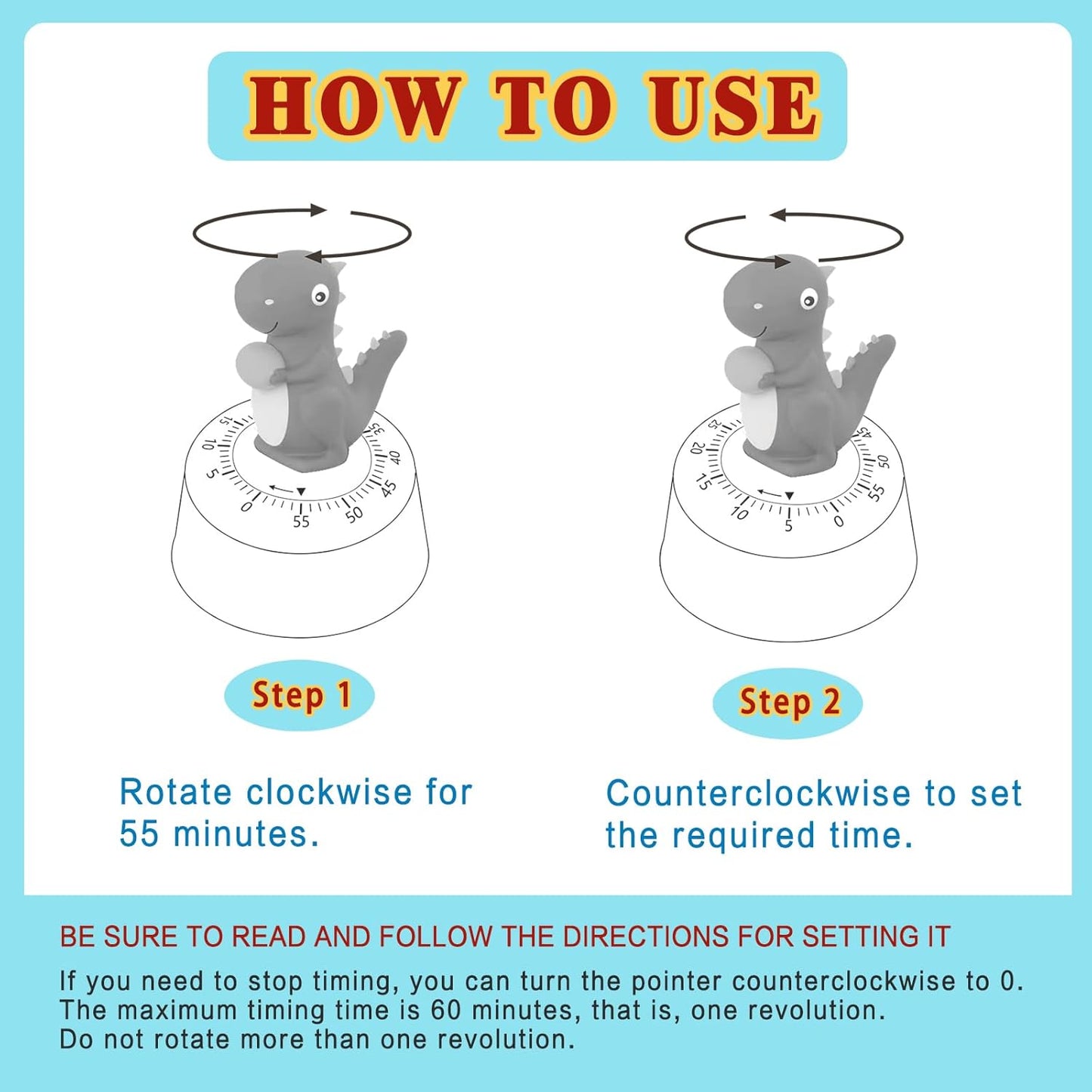 ELE DEPI 60 Minutes Mechanical Kitchen Timer,Cute Dinosaur Timer for Kids,Wind Up Egg Timer for Cooking,Reading,Classroom and Do Sports. (Dark Green)