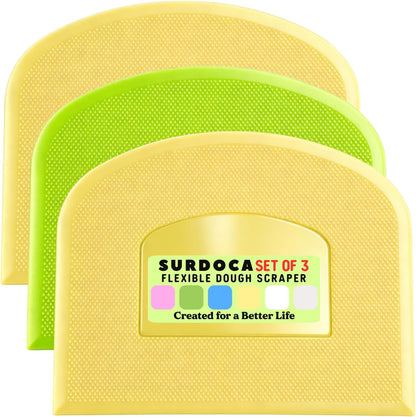 SURDOCA Dough Scraper Bench Scraper - 3P 4.7x3.7" Plastic Flexible Bowl Scraper, Sharp Edge & Angles Cake Scraper. Non-Slip Bakeware Decorating Tools Sculpting & Modeling Tools - Green+White+Green - Colors A