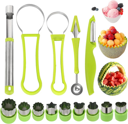 17 Pack Melon Baller Scoop Set - 4 in 1 Stainless Steel Fruit Tool Set Fruit Scooper Seed Remover with Fruit Vegetable Cutter Shapes Set Fruit Peeler for Fruit Slicer Dig Pulp Separator (A)