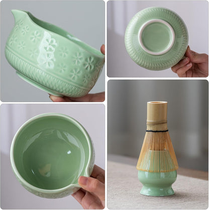 Buucup Matcha Whisk Set, Ceramic Matcha Kit Set Includes Matcha Bowl, Matcha Whisk and Holder, Bamboo Scoop, Scoop Rest, Sifter and Tea Towel - 7 Pcs Matcha Kit for Matcha Lovers (Mottled Green)