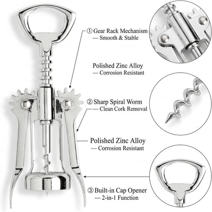 Wing Corkscrew Wine Opener Set, Zinc Alloy Manual with Built-in Cap Opener and 2 Vacuum Stoppers, Stainless Steel, Heavy Duty, 7-Inch