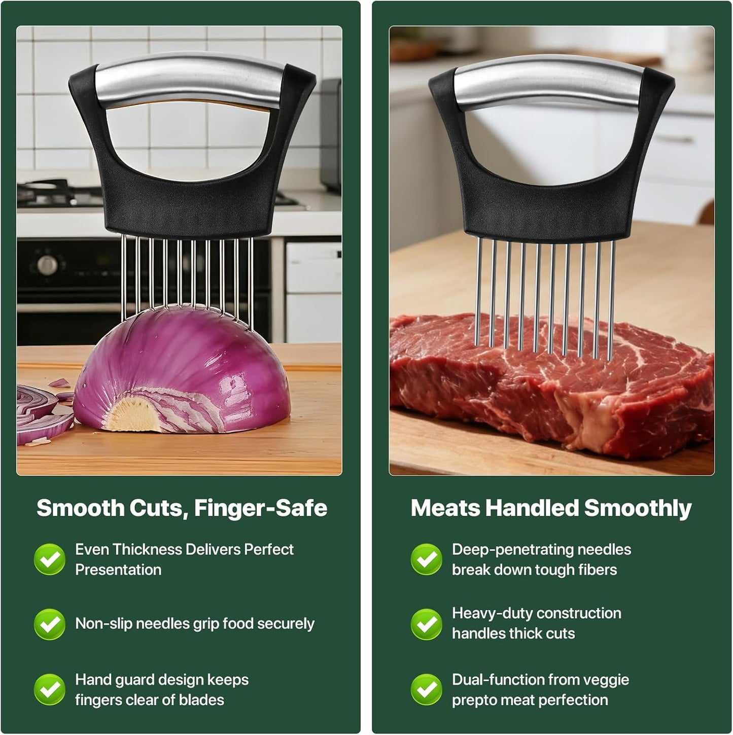 【2 PCS】Onion Slicer, Onion Holder for Slicing - Stainless Steel Vegetable & Fruit Cutter for Onions, Tomatoes, Potato, Avocado, Lemon, Eggs, Meat | Kitchen Chopper Gadget with Neat Guide & Tenderizer
