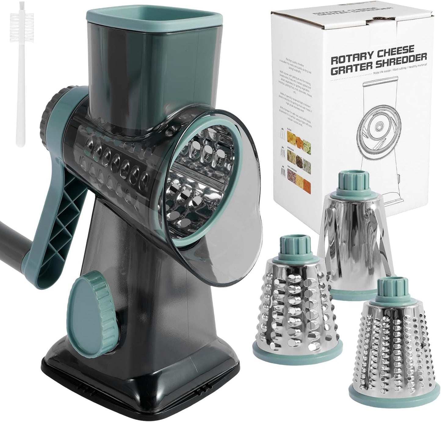 Rotary Cheese Grater with Handle, Shredder Slicer Grinder 3 Stainless Steel Blades Manual Cheese Cutter Hand Crank Graters for Kitchen Potato Zucchini Carrot Potato Vegetable Nuts Chocolate