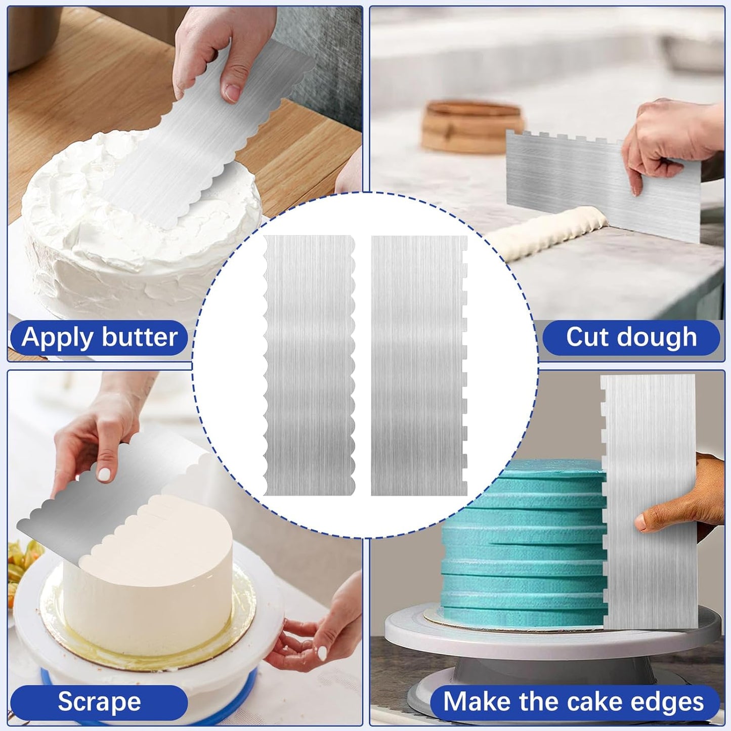 2 Pcs Stainless Steel Cake Scraper, 8.6-inch Double Sided Patterned Edge Stripe Edge Smoother Scraper, Cake Decorating Comb Metal Cake Scraper for Butter Mousse Cream Decoration