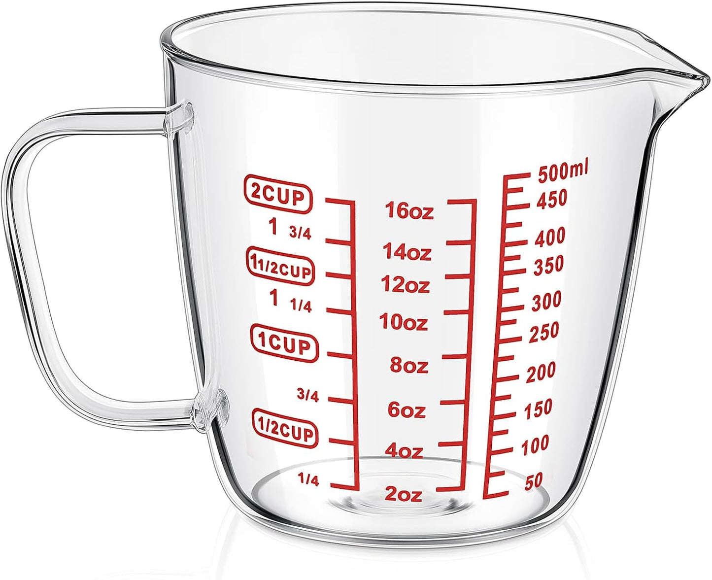 Baderke Left Handed Glass Measuring Cup 2 Cup Clear 16 oz Measuring Beaker with Handle and V Shaped Spout 500 ml for Kitchen, Restaurant, Liquid, Easy to Read, Red Measurements