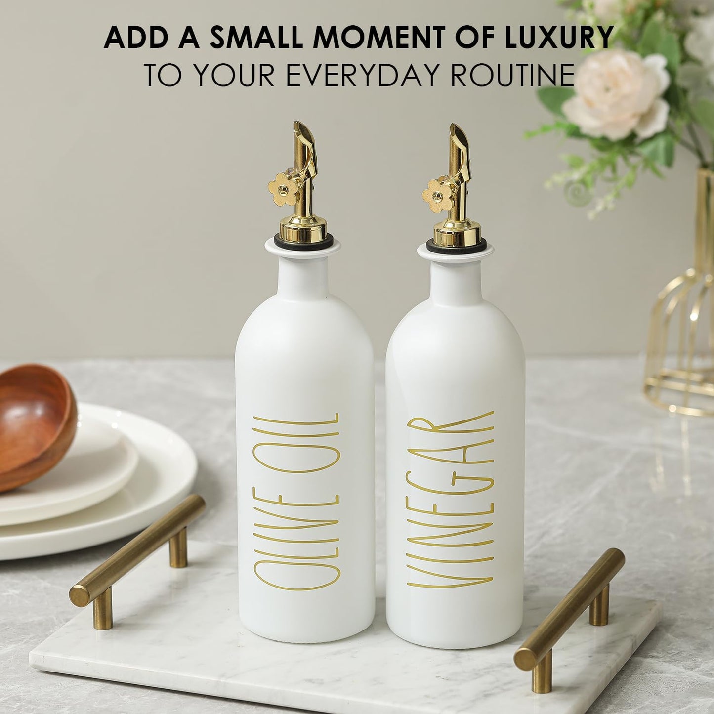 HOMCDALY Premium Olive Oil Dispenser for Kitchen, 11.8oz Glass Oil Bottles with Bamboo Tray, White and Gold Oil&Vinegar Cruet Set, Kitchen Dispenser Bottles with Pourer| Set of 2 (11.8oz –P–Gold)