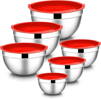 E-far Mixing Bowls with Lids, 6-Piece Stainless Steel Salad Bowls Metal Nesting Bowls for Baking Cooking and Prepping, Airtight Lids & Stackable Design, Size 4.5, 3, 1.5 QT (Black)