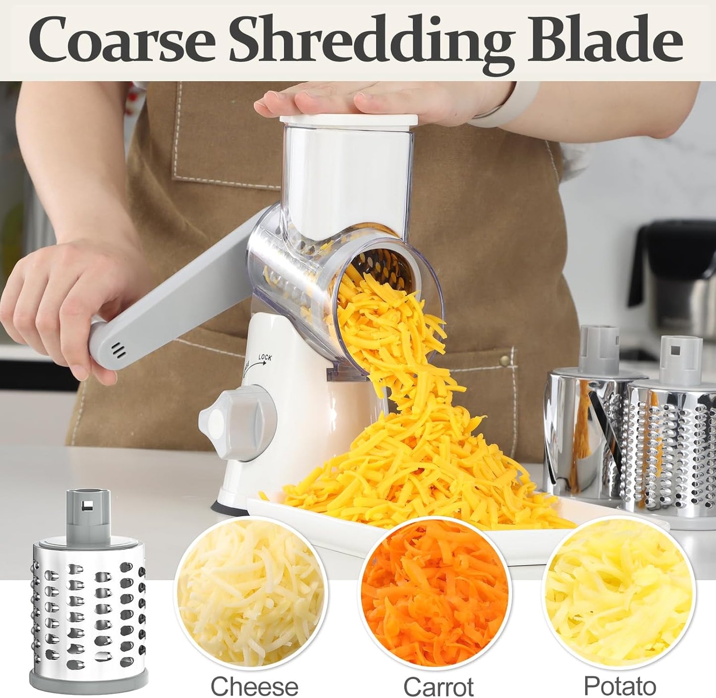 Cambom 5 in 1 Rotary Cheese Grater Hand Crank Cheese Shredder for Fresh Cheese, Vegetable, Nuts,Non-slip Suction Base, Black