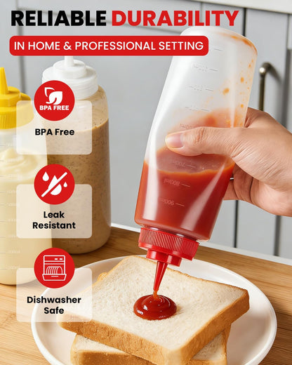 Multicolor Food-Grade Squeeze Bottles Set-Condiment Dispensers for Kitchen, BBQ, Sauces, Dressings, & Meal Prep (32oz)