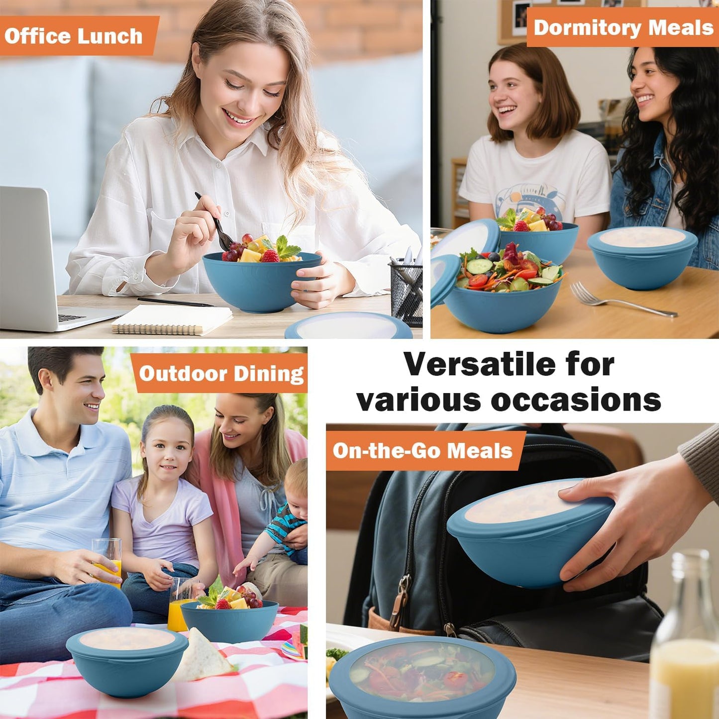 Wheat Straw Bowls Set with Lids, Unbreakable 40 OZ Cereal Bowls Set of 4, Salad Container for Lunch, Microwave & Dishwasher Safe Bowl Set for Kitchen, Picnic, RV, Camping, Multi