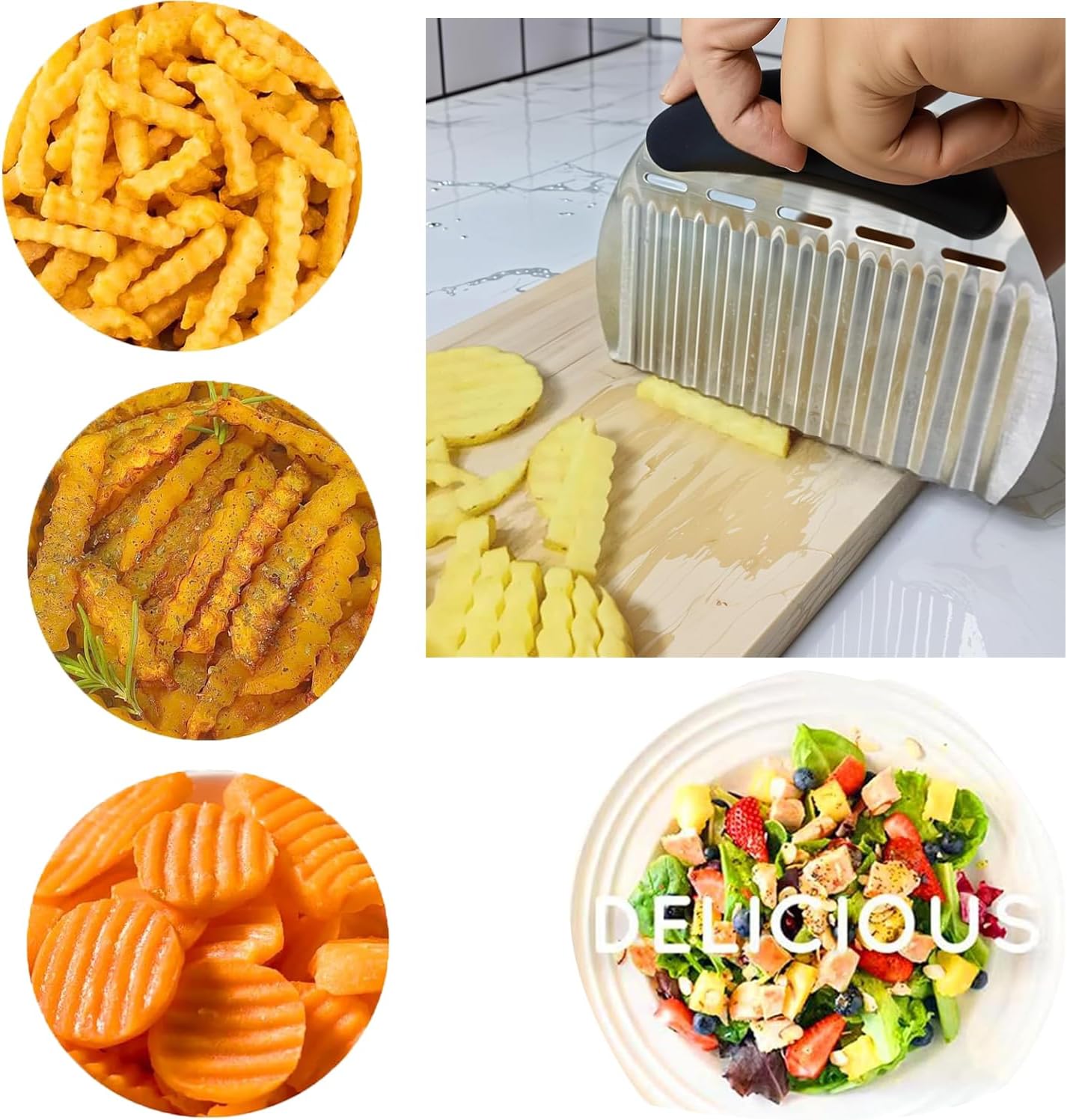 Large Crinkle Cutter French Fry Cutter, Large Crinkle Potato Slicer Wavy Chopper, Stainless Steel Wavy Slicer Crinkle Cutting Chopping Tools with Handle for Carrot Vegetable