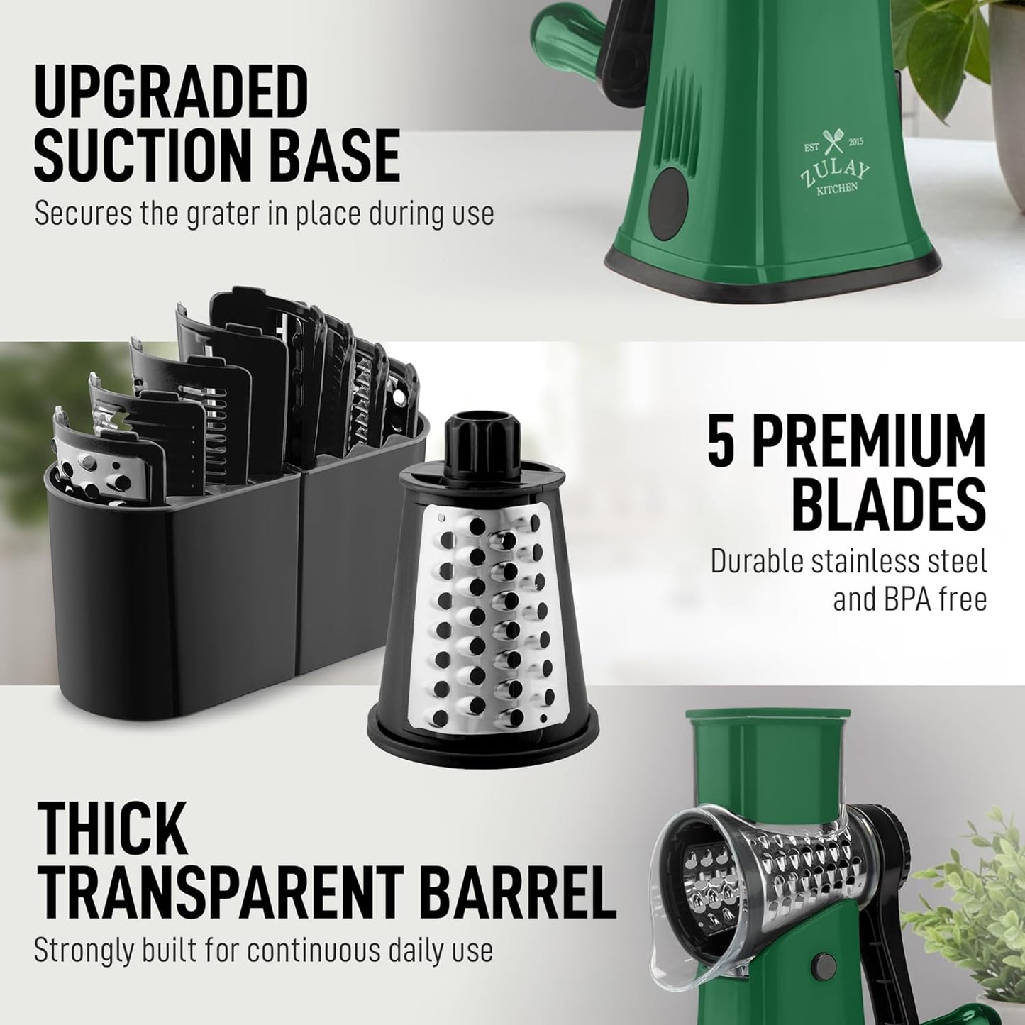 Zulay Kitchen Rotary Cheese Grater 5 Blade Cheese Shredder - Manual Hand Crank Cheese Grater With Reinforced Suction & 5 Interchangeable Drums - Easy to Use, Vegetable Chopper Round Mandoline Slicer - Colors A