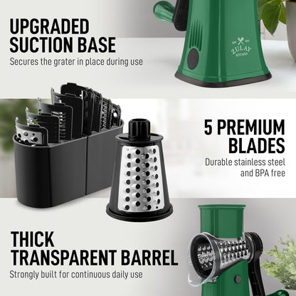 Zulay Kitchen Rotary Cheese Grater 5 Blade Cheese Shredder - Manual Hand Crank Cheese Grater With Reinforced Suction & 5 Interchangeable Drums - Easy to Use, Vegetable Chopper Round Mandoline Slicer - Colors A
