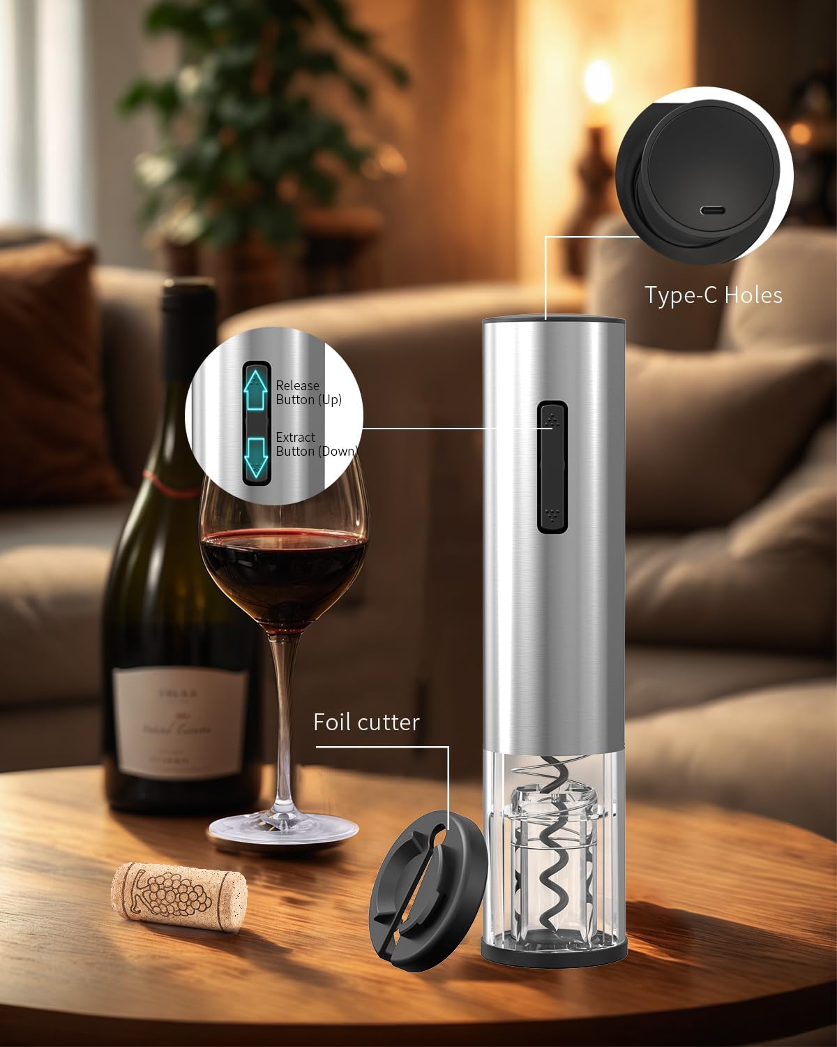 CIRCLE JOY Electric Wine Opener Stainless Steel Rechargeable Automatic Wine Bottle Opener Set 7-in-1 Wine Gifts for Wine Lovers with Charging Base, Foil Cutter, Wine Aerator Pourer & 2 Vacuum Stoppers