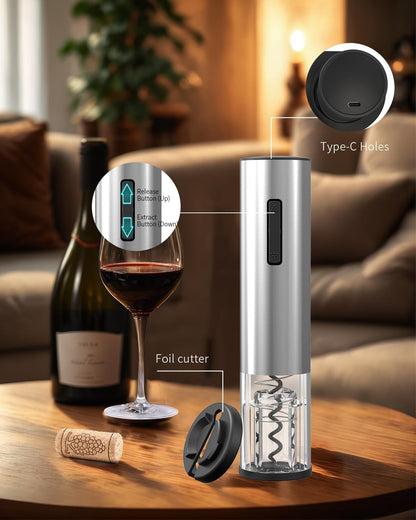 CIRCLE JOY Electric Wine Opener Stainless Steel Rechargeable Automatic Wine Bottle Opener Set 7-in-1 Wine Gifts for Wine Lovers with Charging Base, Foil Cutter, Wine Aerator Pourer & 2 Vacuum Stoppers