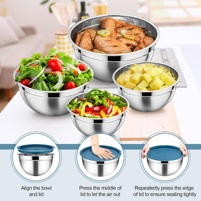 TeamFar Mixing Bowls, 6PCS Stainless Steel Nesting Mixing Salad Bowl with Lids & 3 Grater Attachments, for Food Cooking Baking Storing, Healthy, Khaki - 4.6/2.6/2 / 1.5/1 / 0.7 QT