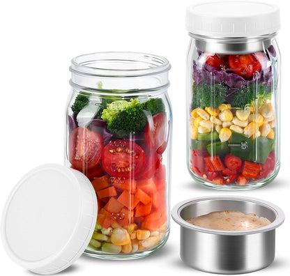KTKUDY 4 Pack 32 oz Glass Salad Jars with Dressing Cups (Pod) - Meal Prep Salad Container for Lunch - Leakproof Mason Jars with Lids