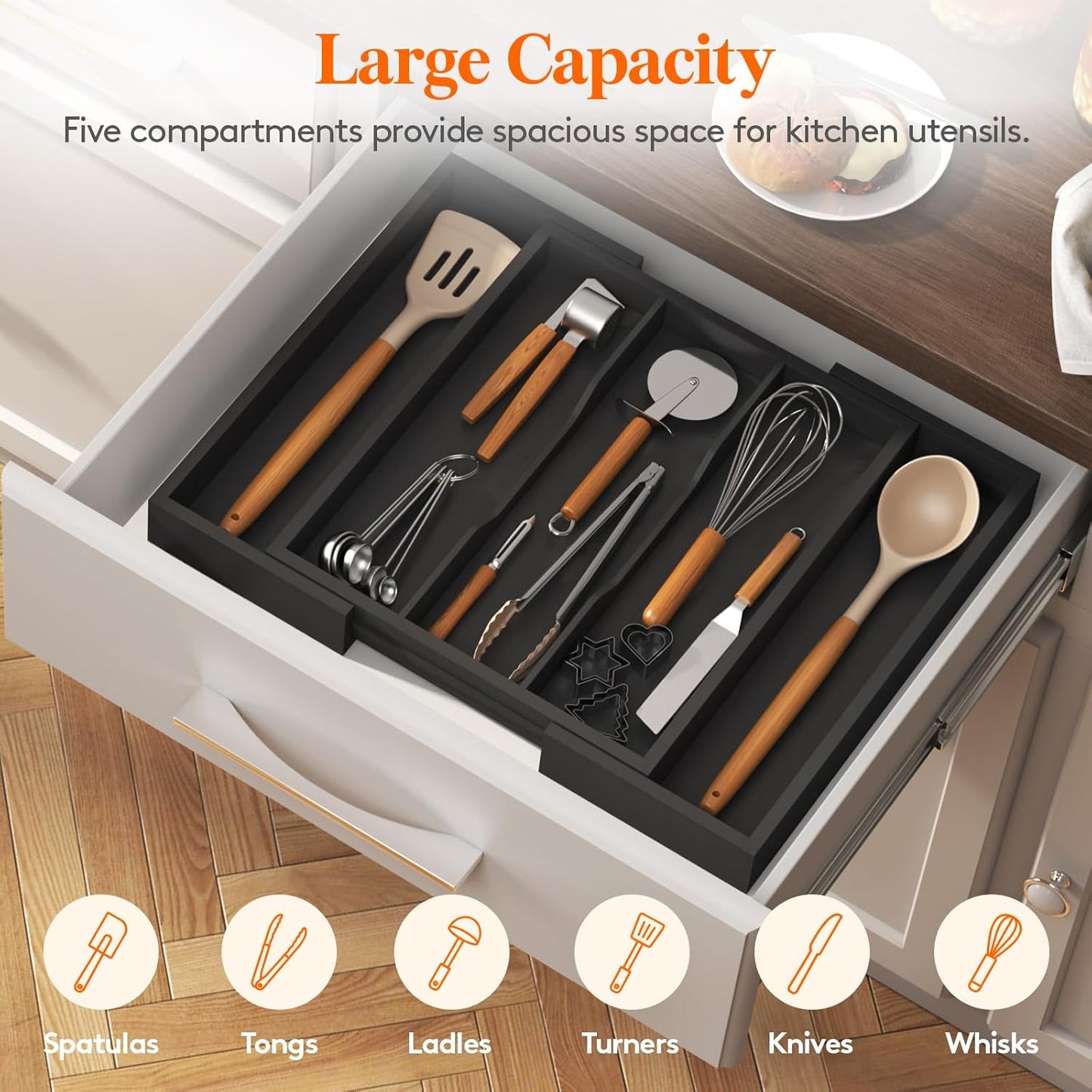 Lifewit Utensil Organizer for Kitchen Drawer, Expandable Cooking Utensil Tray, Cutlery Silverware Flatware Holder, Wood Adjustable Spatula Tools Storage Divider, 8.9-15.8 x 15.75, Natural