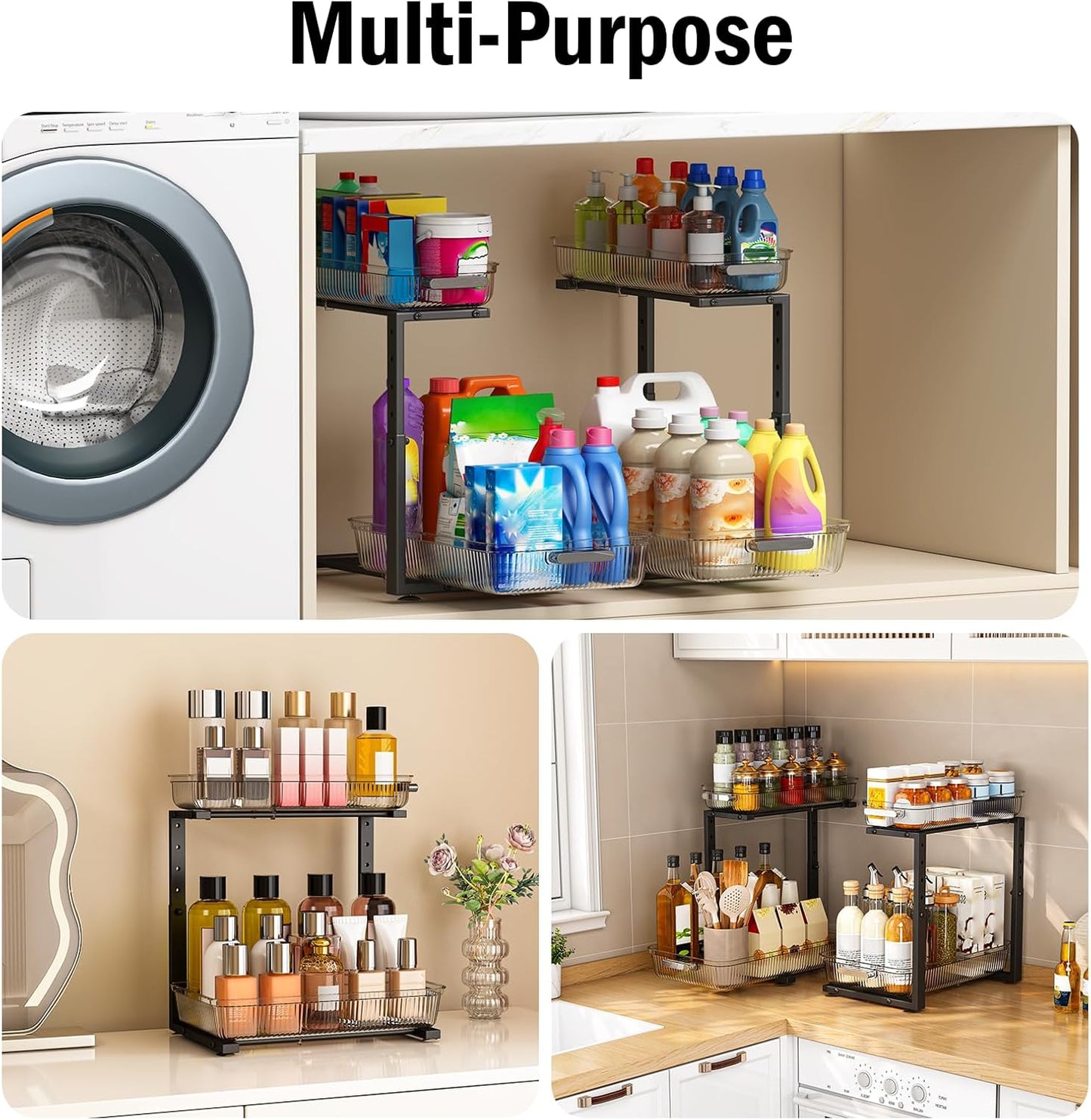 ARSTPEOE Under Sink Organizer - 2 Packs Multi-Purpose Pull-Out Storage Organizers, Slide out Pull out Metal Cabinet Organizer Shelf, Storage for Kitchen Bathroom, Black