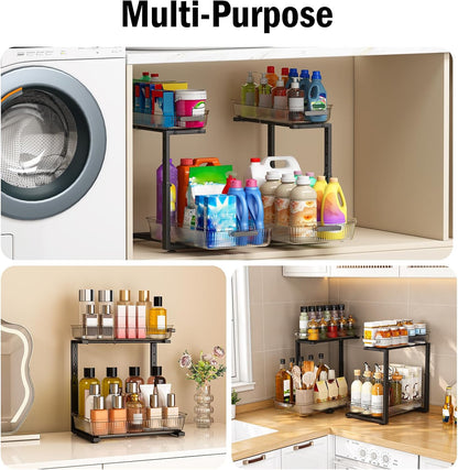ARSTPEOE Under Sink Organizer - 2 Packs Multi-Purpose Pull-Out Storage Organizers, Slide out Pull out Metal Cabinet Organizer Shelf, Storage for Kitchen Bathroom, Black