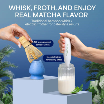 Matcha Whisk Set With Ceramic Matcha Bowl, Bamboo Whisk & Holder, Stainless Steel Spoon & Sifter, Glass Cup & Straw, Electric Frother, Storage Bag - Gift for Matcha Lovers (Premium 9-Piece Set White)