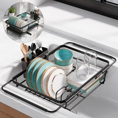 Sakugi Dish Drying Rack in Sink - Expandable Stainless Steel Dish Rack Over the Sink, Kitchen Sink Drain Strainer with Cutlery Holder & Cup Holders, 15.4 x 9.8 x 3.0 Inch, Silver