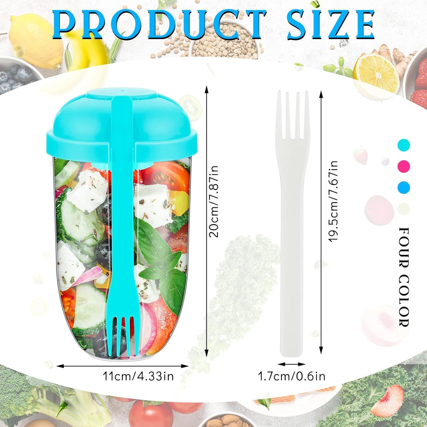 Roshtia 4 Pcs Salad Cup with Lids Fork Sauce Container Salad Shaker Container for Lunch, Keep Fit Food Dressing Cup for Portable Breakfast Meal Vegetable and Fruits
