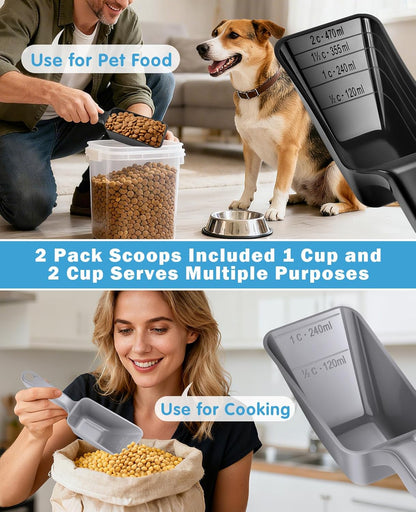 2-Pack Dog Food Scoop Set,1 Cup and 2 Cup Plastic Pet Food Measuring Scoops with Clear Measurement Lines,Multi-Purpose Pet Food Scooper for Dogs, Cats (Green and Black)