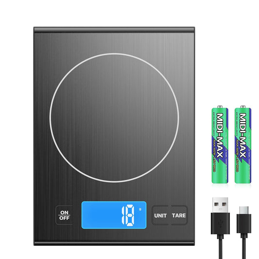 33lb Rechargeable Food Scale, Diyife 304 Stainless Steel Digital Kitchen Scale, 7.5 * 5.5 in Weight Grams and Ounces for Baking, Cooking, 5 Units with Tare Function, LCD Display, 2 AAA Batteries