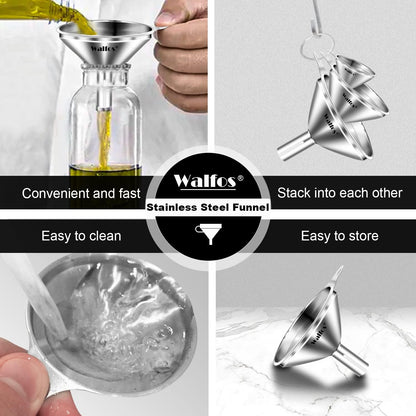 Stainless Steel Funnel, Walfos 3 Pack Kitchen Funnel with 2 Removable Strainer ＆ 1Pcs Cleaning Brush, Perfect for Transferring of Liquid, Oils, Jam, Dry Ingredients & Powder